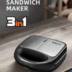 Sandwich Maker 3 în 1 HALEY® HY-1031, Plăci Antiaderente, Grill și Waffle, Design Compact, Negru