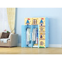 Dulap modular pentru copii, albastru, AT PERFORMANCE®, 12 rafturi, durabil, 110X37X147 cm, castel, print