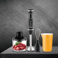 Blender de Mână Electric HALEY 4-in-1, 1600W, Oțel Inoxidabil, 2 Viteze + Accesorii – Tocător, Tel, Pahar, Multifuncțional pentru Bucătărie