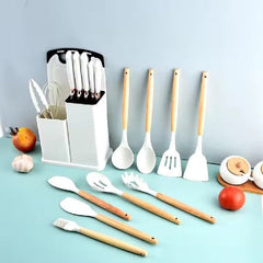 Set cutite otel inoxidabil, AT PERFORMANCE® si ustensile de bucatarie in suport cu tocator, 19 piese