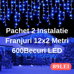 PACHET 2X Instalatie Franjuri 12 Metri, 2 x 300 Becuri LED ALB,Multicolor,ALBASTRU