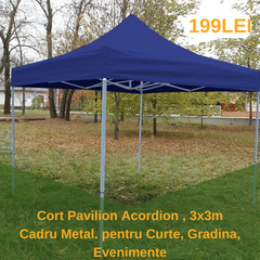 Cort Pavilion 3x3m Pliabil TIP ACORDION Cadru Metal pentru Curte, Gradina, Evenimente