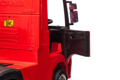 Camion electric cu remorcă pentru copii oficial licentiat, KIDOO, 12V, 2 motoare 35W, telecomandă 2.4G, suspensie pe 4 roți, lumini, muzică, viteză 3-5 km/h, uși funcționale