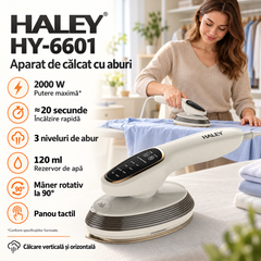 Aparat de Călcat Vertical și Orizontal cu Aburi HALEY® HY-6601, 2000W, Cap Rotativ la 90°, Panou de Control Tactil, Încălzire Rapidă în 20 Secunde, 3 Niveluri de Abur, Rezervor 120 ml, Funcție de Călcare Uscată