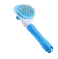 Perie cu buton auto-curatare pentru animale, AT PERFORMANCE, utila in curatarea si ingrijirea parului, 20x10x6 cm, pisici, caini, iepuri, albastra