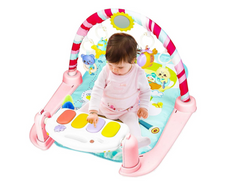 Saltea de joaca Muzicala, AT PERFORMANCE, Interactiva cu Pian 5 in 1,98 cm, print Happy Baby cu animalute, pentru Bebelusi, Roz