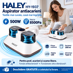 Aparat pentru Îndepărtarea Acarienilor și a Scamelor HALEY HY-1937, 500W, Putere de Aspirare 8500Pa, Sistem de Filtrare Multistrat, Funcție Antibacteriană, Display LED, Recipient 200 ml