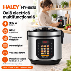 Oală Electrică Multifuncțională pentru Gătit HALEY® HY-2213, 1500W, Capacitate 6 Litri, Panou Digital cu 12 Programe de Gătire, Vas Interior cu Strat Antiaderent, Gătire Rapidă, Economie de Energie