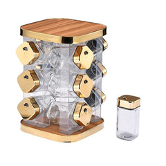 Set 12 recipiente condimente cu suport, At Performance, Rotativ, recipiente din sticla, Auriu/lemn