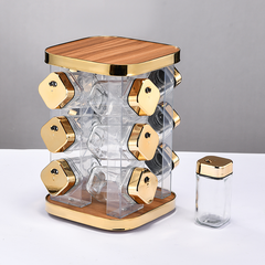 Set 12 recipiente condimente cu suport, At Performance, Rotativ, recipiente din sticla, Auriu/lemn