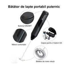 Mixer spuma lapte, At Performance, Electric cu baterie, bauturi calde/reci, maner izolat termic, otel inoxidabil, Pentru latte, ciocolata calda, cappuccino, frappe, usor de folosit cu suport metalic