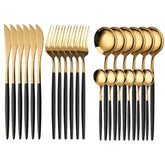 Set de tacamuri moderne AT PERFORMANCE®, 24 de piese, negru si auriu lucios, 13-21 cm.
