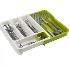 Organizator Extensibil si Multifunctional pentru Tacamuri AT PERFORMANCE®– Suport Modular pentru Sertar din Plastic - de la 29cm la 48cm - Alb-Verde