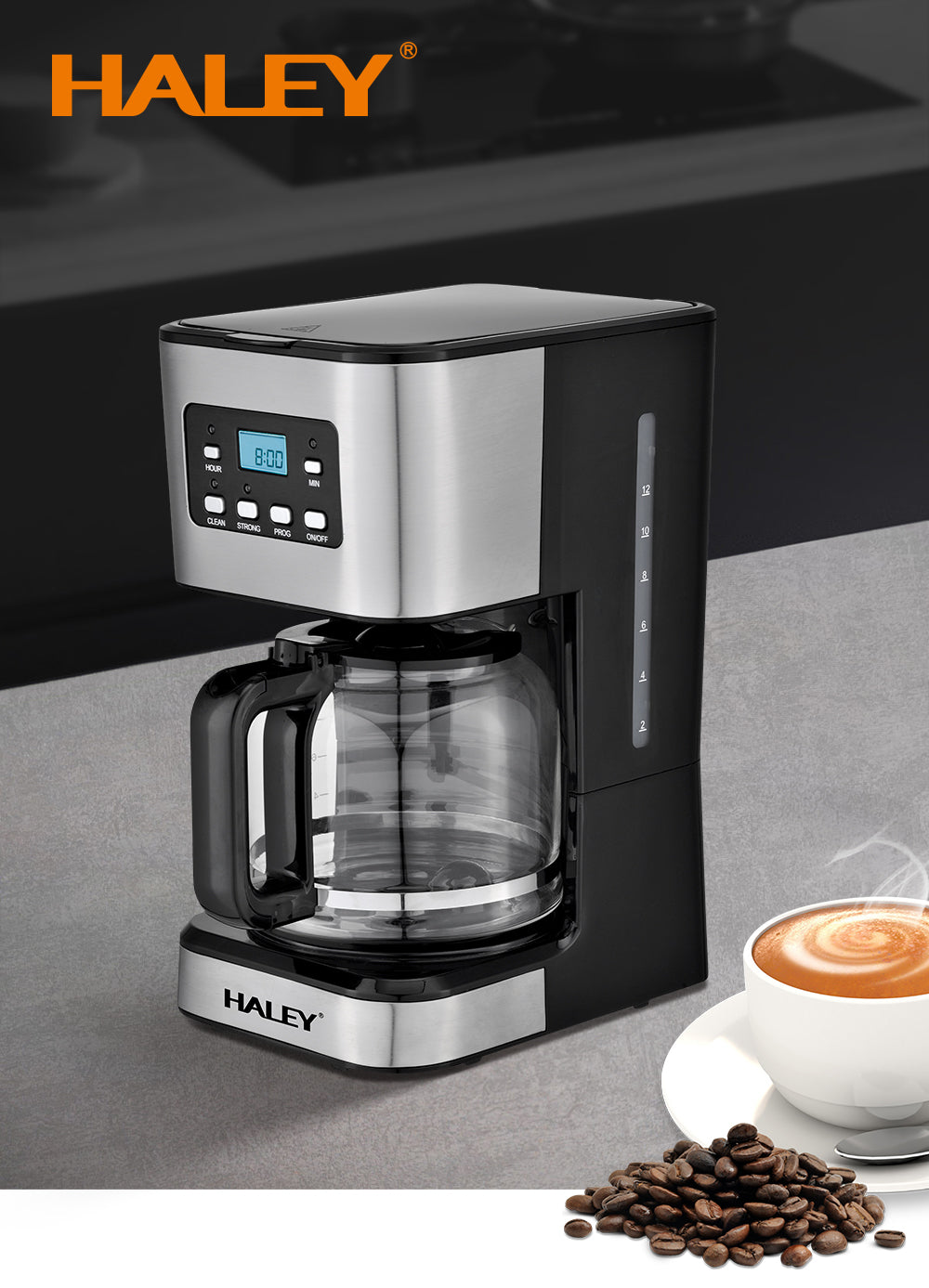 Aparat de Cafea HALEY 950W, 1.5L, LED Display, Anti-Drip, Brewing Inteligent, Inox, Control Temperatură Precis
