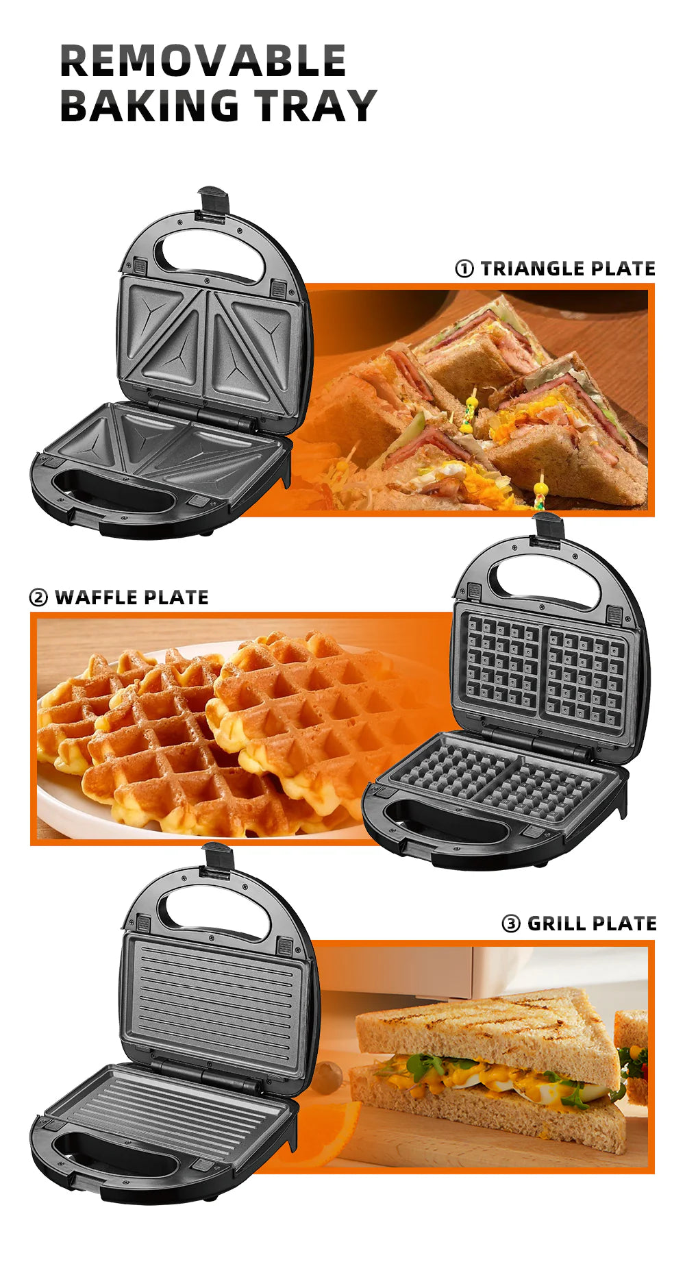 Sandwich Maker 3 în 1 HALEY® HY-1031, Plăci Antiaderente, Grill și Waffle, Design Compact, Negru