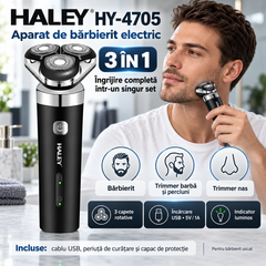 Aparat de Bărbierit Electric HALEY HY-4705 3 în 1, 3 Capete Rotative, Trimmer Barbă și Nas, Încărcare USB, Bărbați