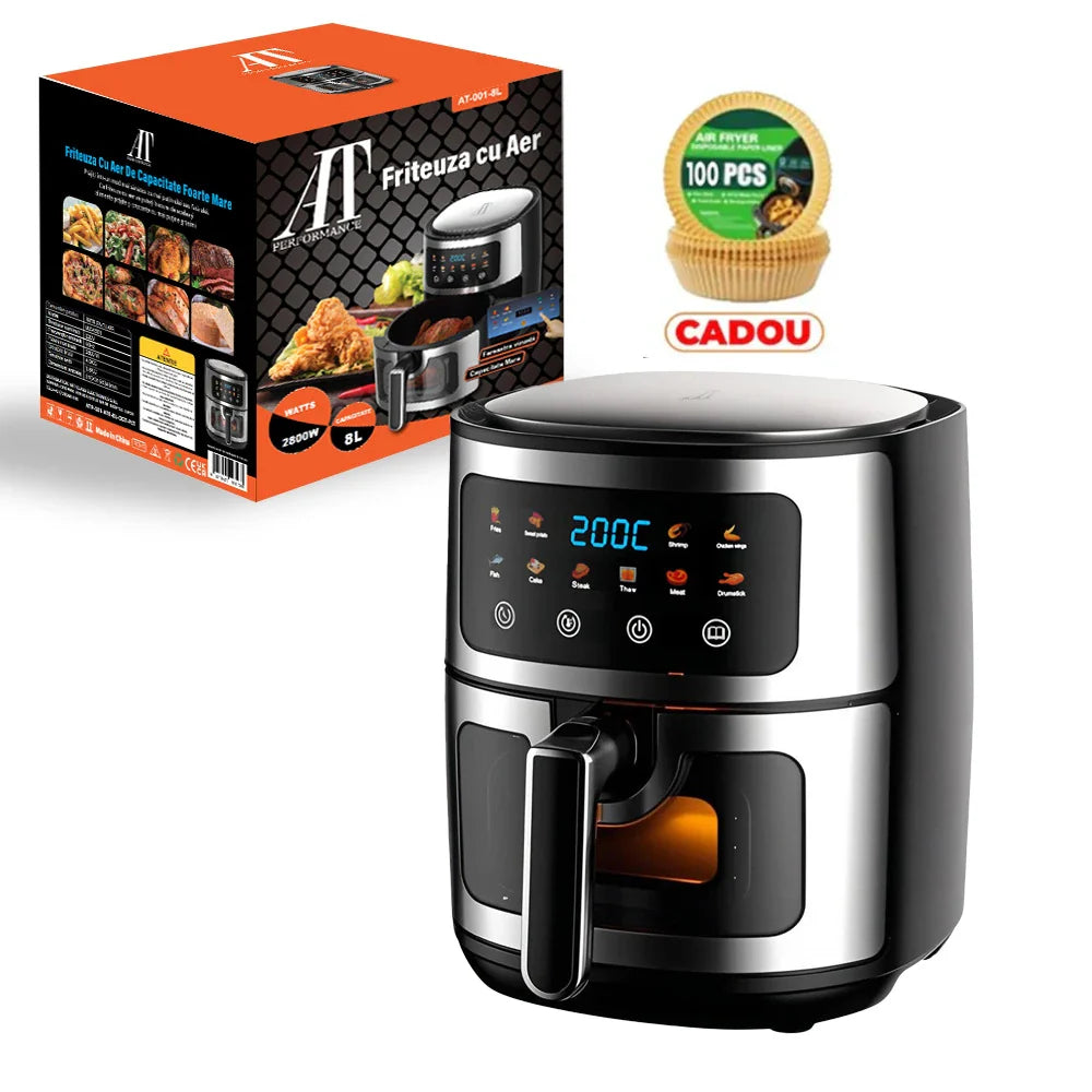 Friteuză cu Aer Cald AT PERFORMANCE® 8L, 10 Programe Smart, 2800W, Panou Tactil, Circulație 3D Aer Fierbinte, Teflon Non-Stick + 100 Bucăți Hârtie de Copt CADOU