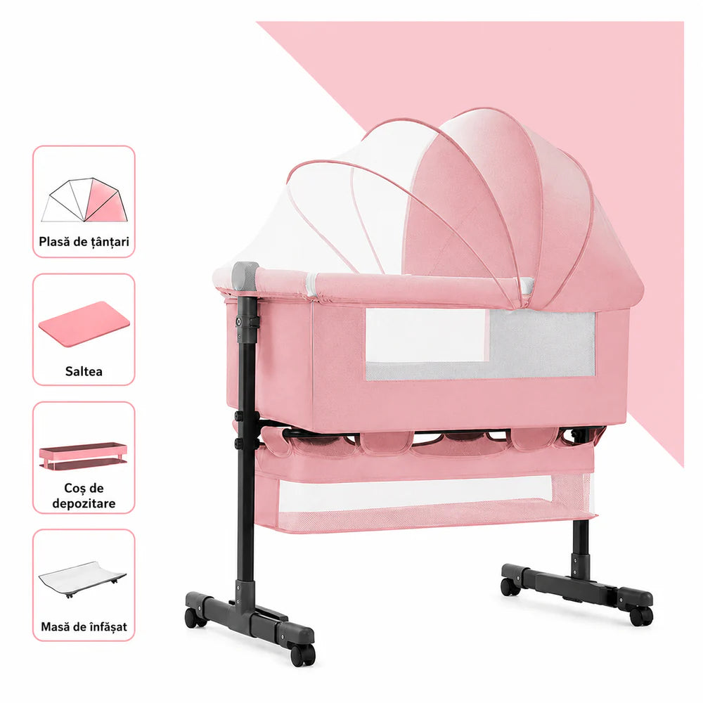 Pătuț Reglabil 6 în 1 AT PERFORMANCE® pentru Bebe – Leagăn, Pătuț de Călătorie, Coș Depozitare, Plasă Țânțari, Saltea Moale, Roți 360°, Gri