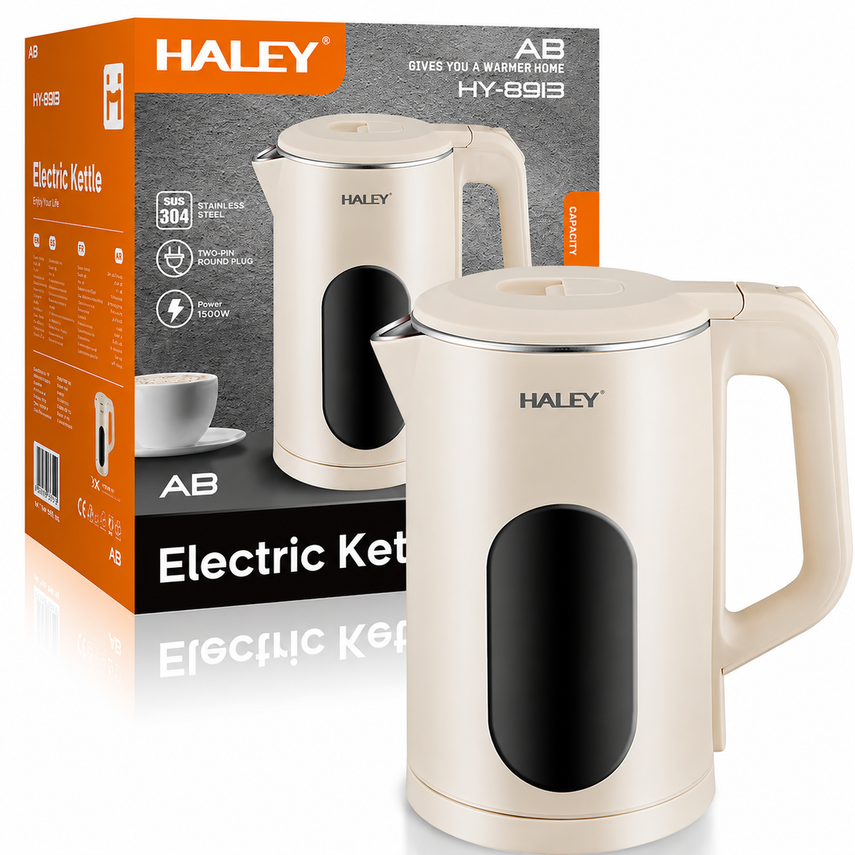 Fierbător Electric Haley HY-8913, 1.8L, 1500W, Inox SUS 304, Bază Rotativă 360°, Oprire Automată
