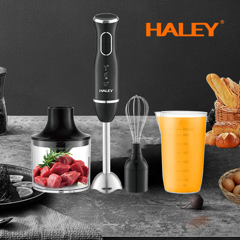 Blender de Mână Electric HALEY 4-in-1, 1600W, Oțel Inoxidabil, 2 Viteze + Accesorii – Tocător, Tel, Pahar, Multifuncțional pentru Bucătărie