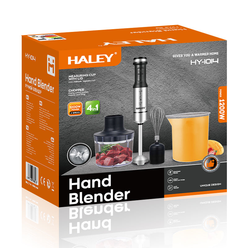 Blender de Mână Electric HALEY 4-in-1, 1200W, Oțel Inoxidabil, 2 Viteze + Accesorii – Tocător, Tel, Pahar, Multifuncțional pentru Bucătărie