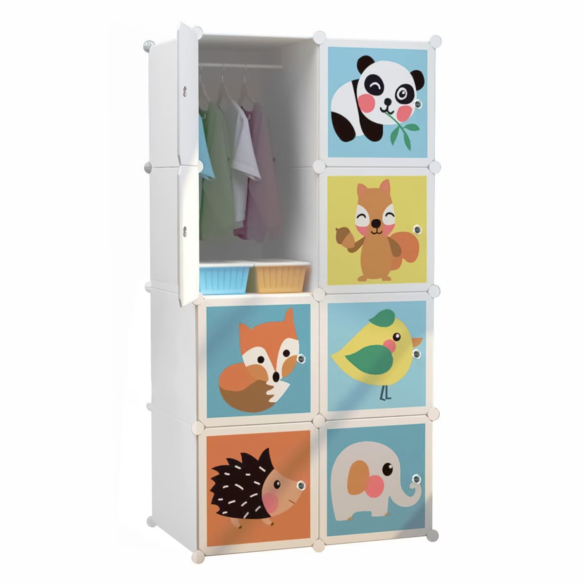 Dulap modular pentru copii, AT PERFORMANCE®, 8 rafturi Alb, Design Jucăuș cu Animăluțe 🦊🐼🐘