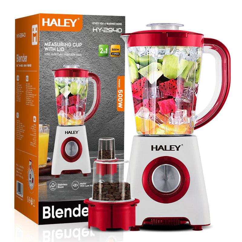 Blender 2 în 1 HALEY® HY-2940, 500W, Capacitate 1.6L, Funcție Ice Crush, Protecție Supraîncălzire, Alb/Roșu