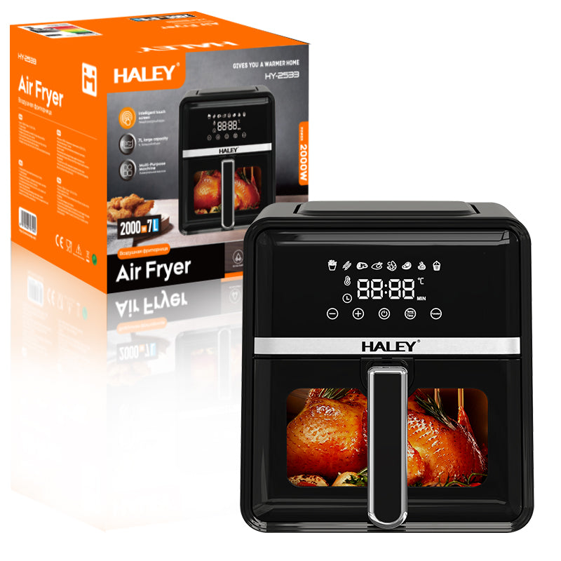 Friteuză cu Aer Cald HALEY 7L, 2000W – Gătire 360°, Touchscreen Holografic, Geam Vizualizare 180°, 8 Programe, Fără Ulei | Gătit Sănătos și Crocant