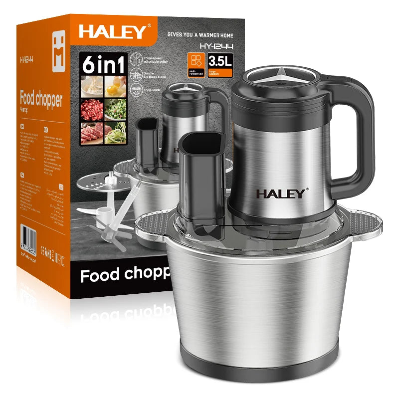 Tocător Electric Multifuncțional HALEY HY-1244 – Putere de 1200W și vas de 3.5L din inox pentru tocare rapidă și versatilă