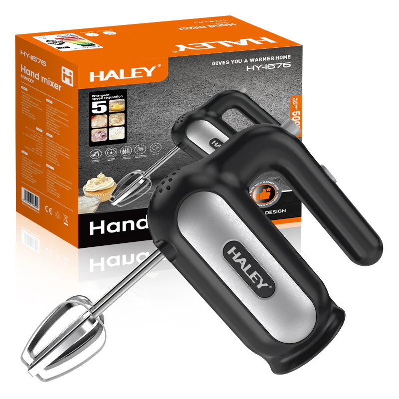 Mixer de Mână Electric HALEY HY-1676, 500W, 5 Viteze + Turbo, Cu Teluri și Cârlige din Inox, Ușor și Puternic pentru Creme, Aluat și Deserturi