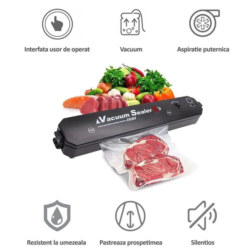 Aparat de vidat si sigilat cu vacuum, NEXTLY, pentru carne, legume, fructe, include 5 pungi pentru vidat, pastreaza prospetimea, negru