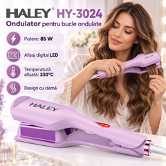 Placă de Creponat Păr HALEY HY-3024, Fier de Păr Ondulat cu Clemă, Plăci Non-Stick, Termostat și Afișaj LED