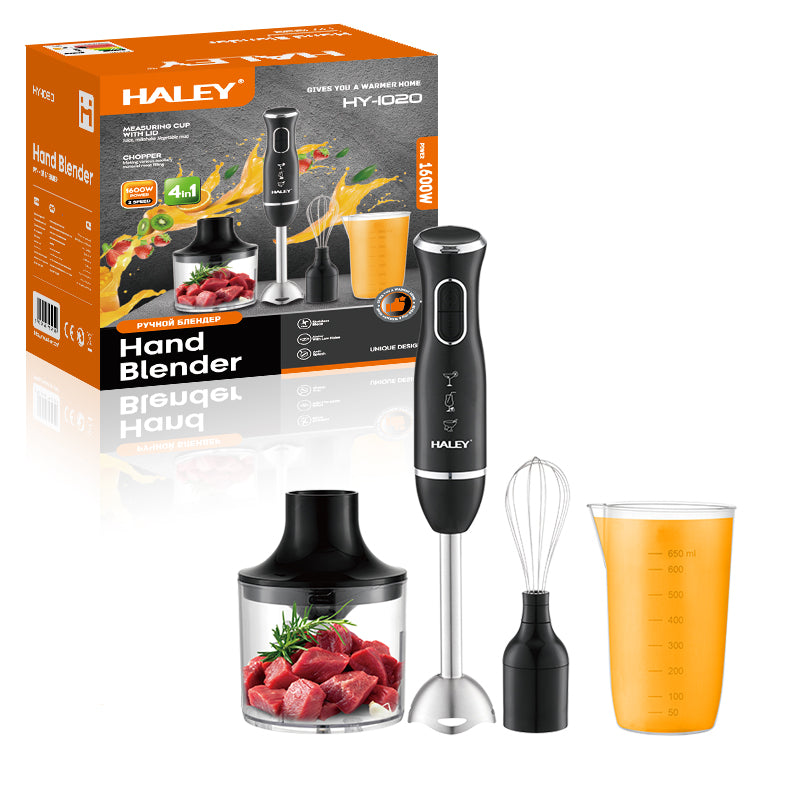Blender de Mână Electric HALEY 4-in-1, 1600W, Oțel Inoxidabil, 2 Viteze + Accesorii – Tocător, Tel, Pahar, Multifuncțional pentru Bucătărie
