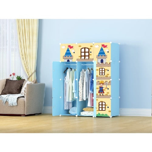 Dulap modular pentru copii, albastru, AT PERFORMANCE®, 12 rafturi, durabil, 110X37X147 cm, castel, print