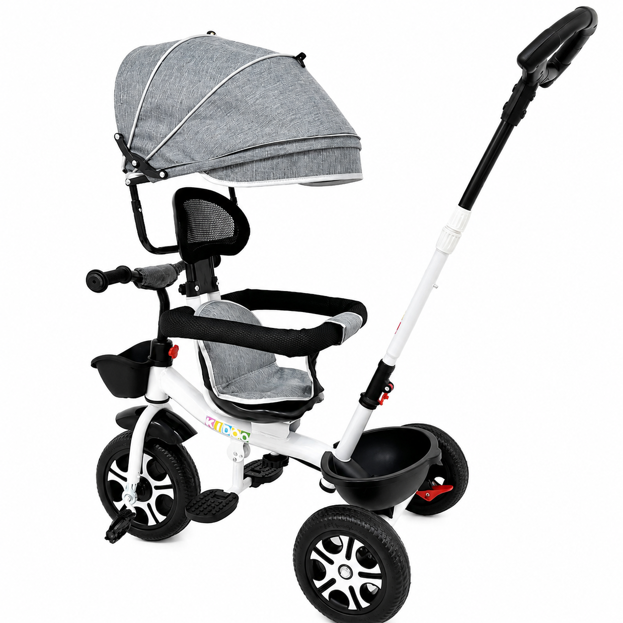 Tricicletă Evolutivă Kiddo KD-X06, Scaun Rotativ 360°, Poziție de Somn, Centură 5 Puncte, Copertină UV, Roți din Cauciuc, 9 Luni – 6 Ani