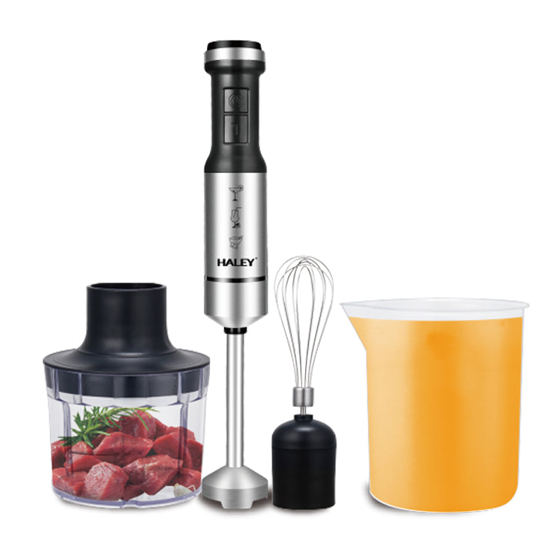 Blender de Mână Electric HALEY 4-in-1, 1200W, Oțel Inoxidabil, 2 Viteze + Accesorii – Tocător, Tel, Pahar, Multifuncțional pentru Bucătărie