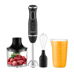 Blender de Mână Electric HALEY 4-in-1, 1600W, Oțel Inoxidabil, 2 Viteze + Accesorii – Tocător, Tel, Pahar, Multifuncțional pentru Bucătărie