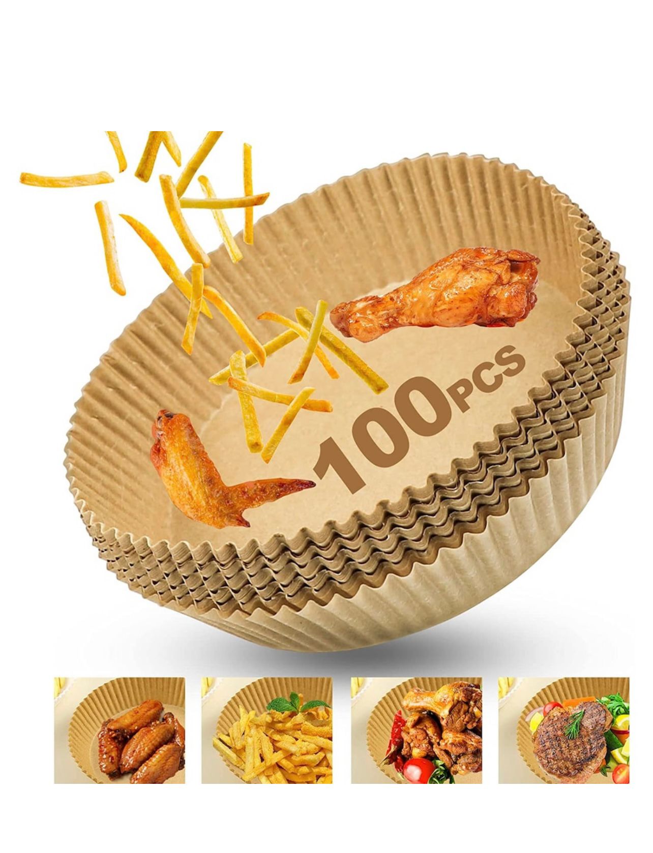 Set 100 bucati hartie de copt, Unica folosinta, Pentru air fryer, 16x16x4.5 cm, Maro, Rotunde