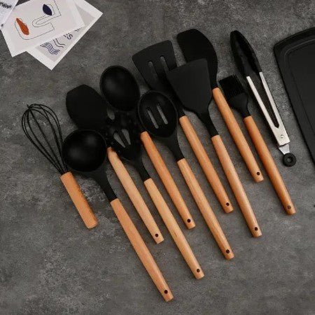 Set cutite otel inoxidabil, AT PERFORMANCE® si ustensile de bucatarie in suport cu tocator, 19 piese