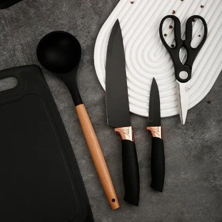 Set cutite otel inoxidabil, AT PERFORMANCE® si ustensile de bucatarie in suport cu tocator, 19 piese