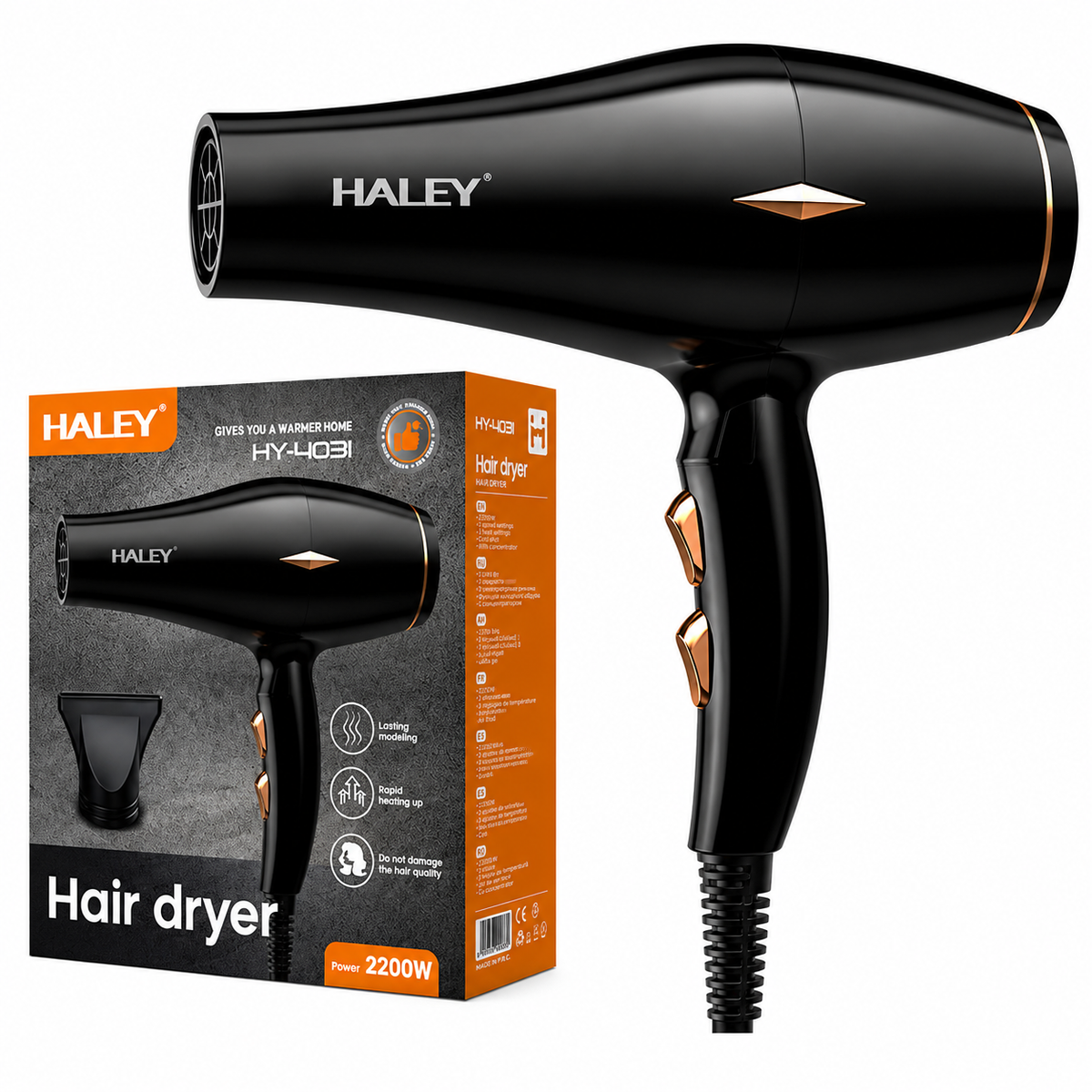 Uscător De Păr Profesional Haley HY-4031, 2200W, 3 Trepte De Temperatură, Control Inteligent Al Temperaturii, Concentrator De Aer, Filtru Detașabil, Negru
