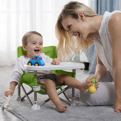 Scaun bebe, pliabil, compact, portabil, usor de depozitat, cu tava detasabila, pentru masa si joaca, cu spatiu de depozitare, ham de siguranta in 5 puncte