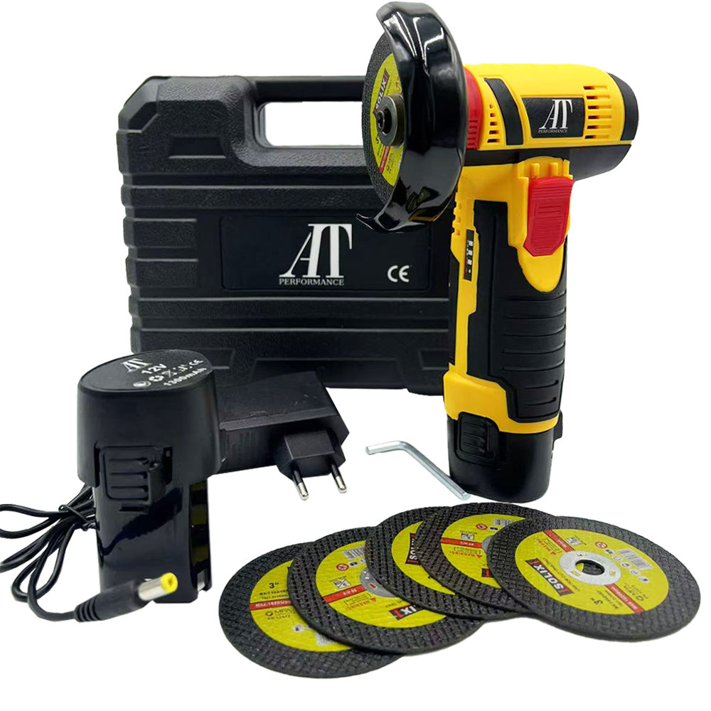 Mini Polizor Flex Unghiular Portabil, AT PERFORMANCE®, 2 acumulatori 12V, 750W, 1500 mAh, 19500 rpm, 6 discuri 76 mm, Autonomie Mare, Portocaliu/Negru.