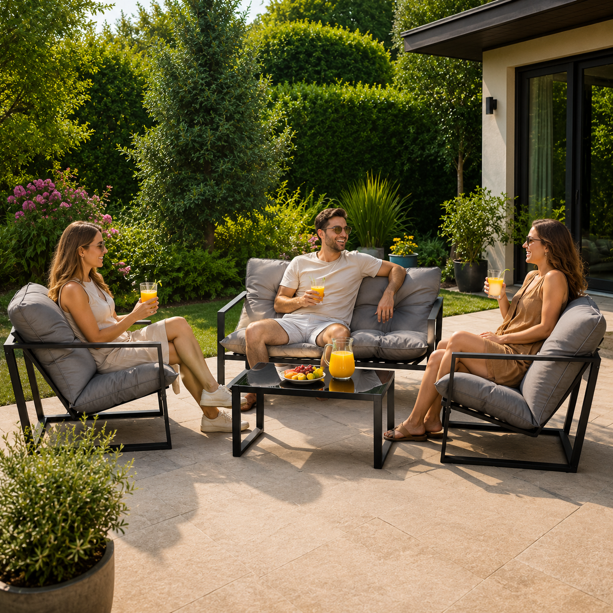 Set Mobilier Grădină AT PERFORMANCE® 4 Piese, Canapea 2 Locuri + 2 Fotolii + Măsuță cu Sticlă Securizată Neagră, Cadru Metalic