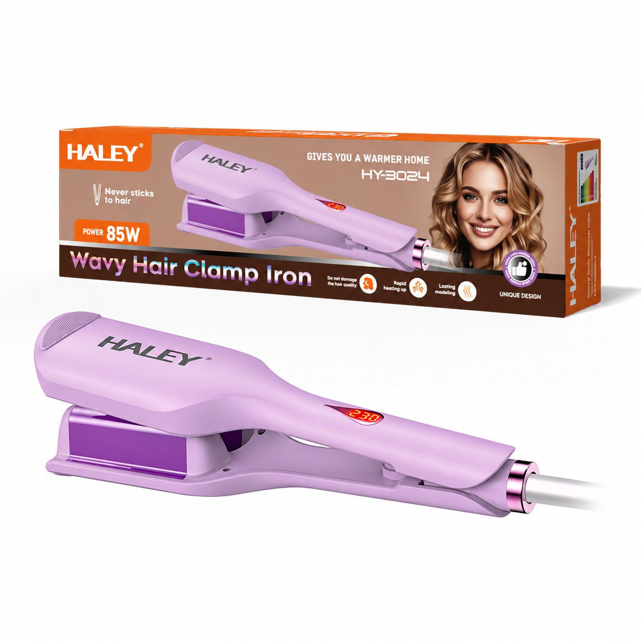 Placă de Creponat Păr HALEY HY-3024, Fier de Păr Ondulat cu Clemă, Plăci Non-Stick, Termostat și Afișaj LED