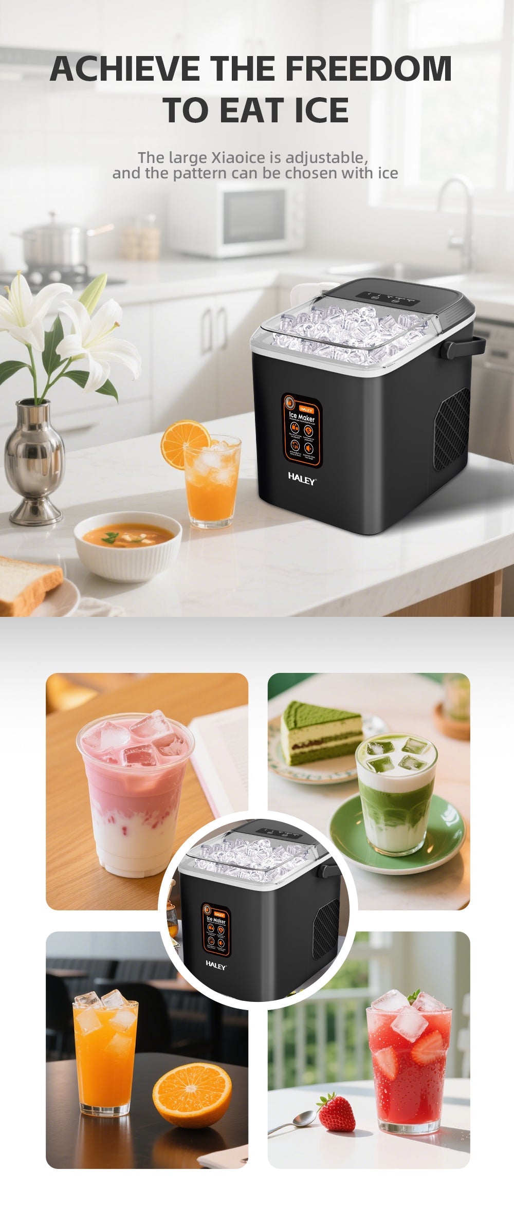 Mașină de Gheață HALEY, 12 kg/24h, Compactă, Avertizare Gheață Plină și Apă Joasă, Curățare Automată, 112W