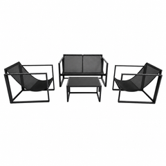Set Mobilier Grădină AT PERFORMANCE® 4 Piese, Canapea 2 Locuri + 2 Fotolii + Măsuță cu Sticlă Securizată Neagră, Cadru Metalic