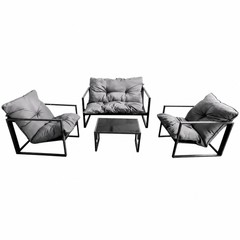 Set Mobilier Grădină AT PERFORMANCE® 4 Piese, Canapea 2 Locuri + 2 Fotolii + Măsuță cu Sticlă Securizată Neagră, Cadru Metalic