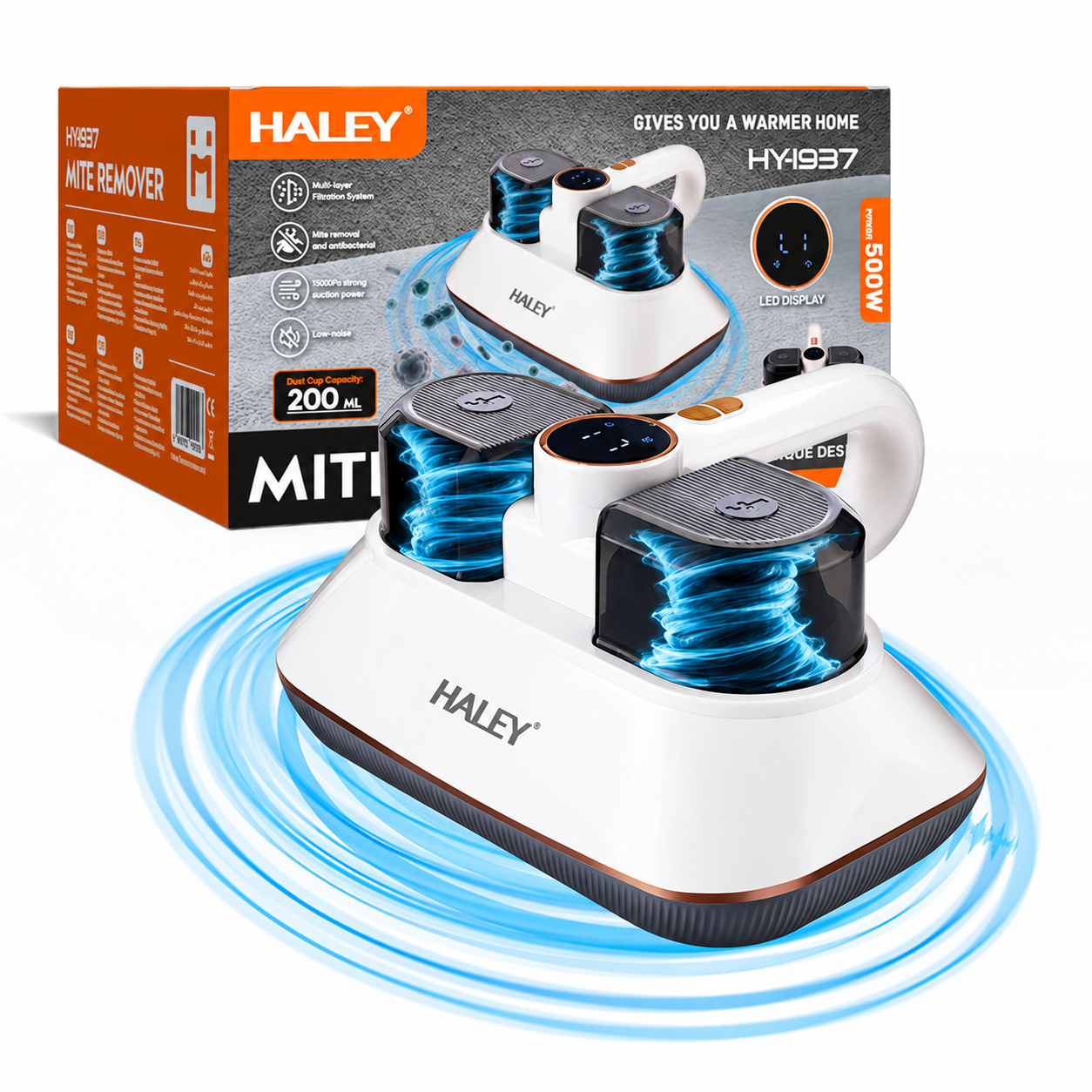 Aparat pentru Îndepărtarea Acarienilor și a Scamelor HALEY HY-1937, 500W, Putere de Aspirare 8500Pa, Sistem de Filtrare Multistrat, Funcție Antibacteriană, Display LED, Recipient 200 ml