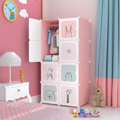 Dulap modular pentru copii, Roz, AT PERFORMANCE®, 8 rafturi Design Colorat cu Desene Jucăușe 🦄🦌🦈🦓